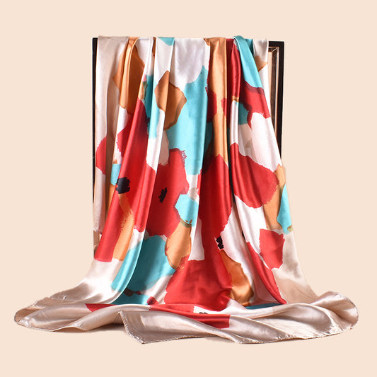 Spring new fashionable versatile large shawl simulation silk color graffiti printing silk scarf head scarf 90cm-color diced square scarf