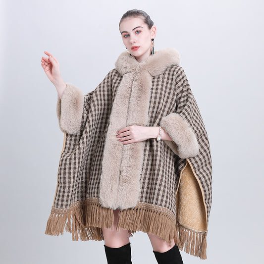 Autumn and winter new cape shawl loose fleece thickened fur collar hooded fringed cardigan shawl cape jacket 1186