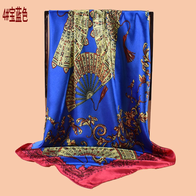 2025 new 90cm-satin classical national style fan printed square scarf with sunscreen, bag head silk scarf decoration, scarf