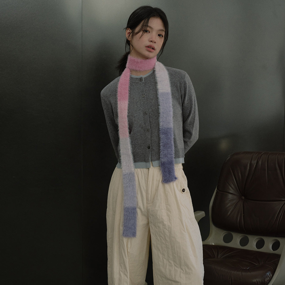 Niche gradual change imitation mink thin narrow long scarf female concave shape Spice girl color matching wool scarf y2k