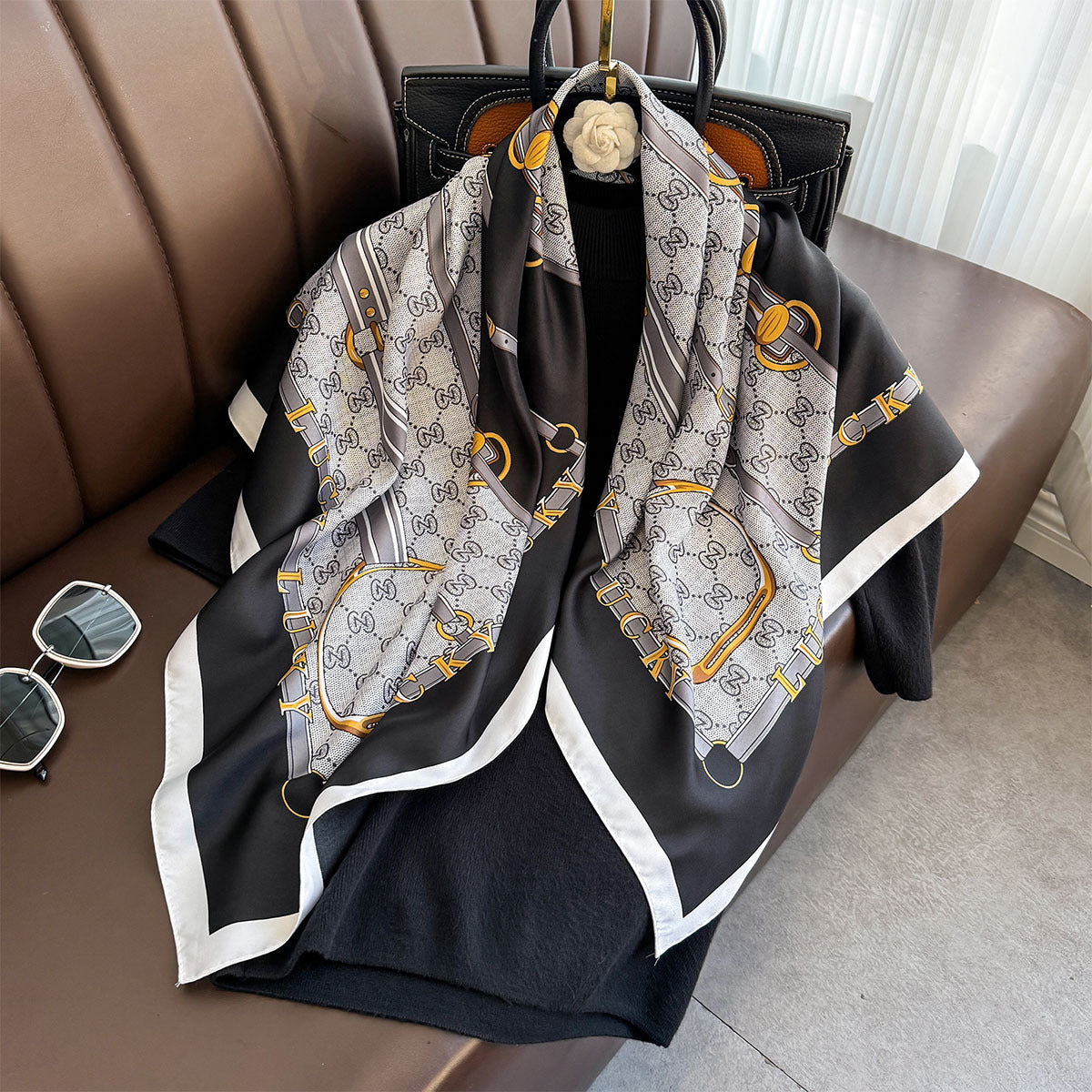 Spring and summer shawl with fashion printed belt, silk scarf, large square scarf, high-end women's dual-purpose versatile thin scarf
