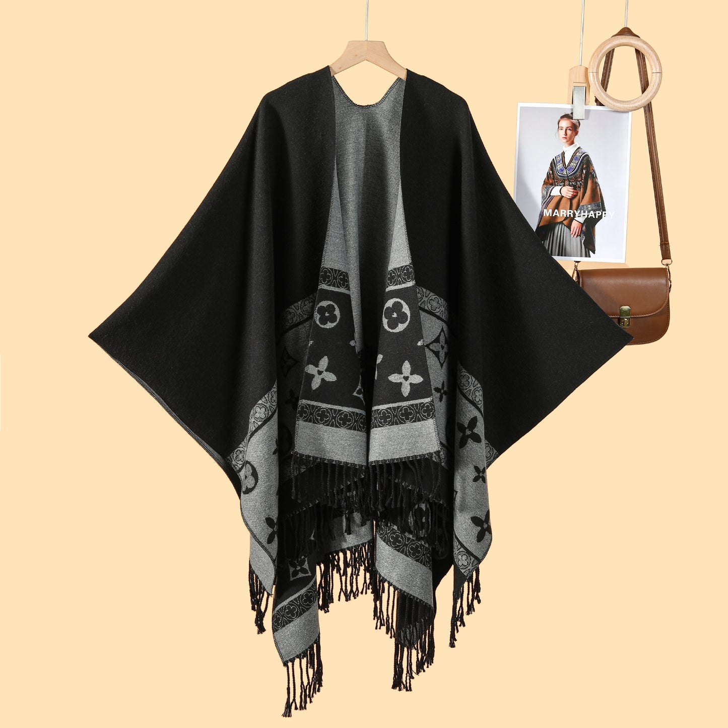 New product temperament simple tassel frame large shawl new Nepal travel out warm photo cardigan