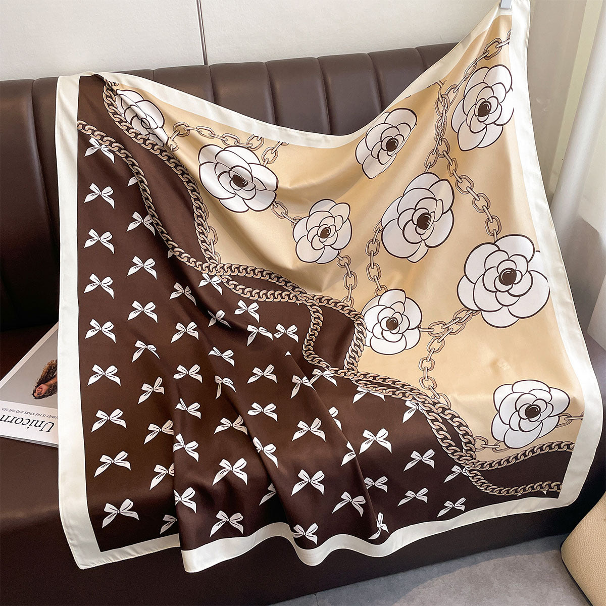 Spring and autumn new oblique silk pattern large square scarf bow flower print square scarf female imitation silk fashion versatile shawl