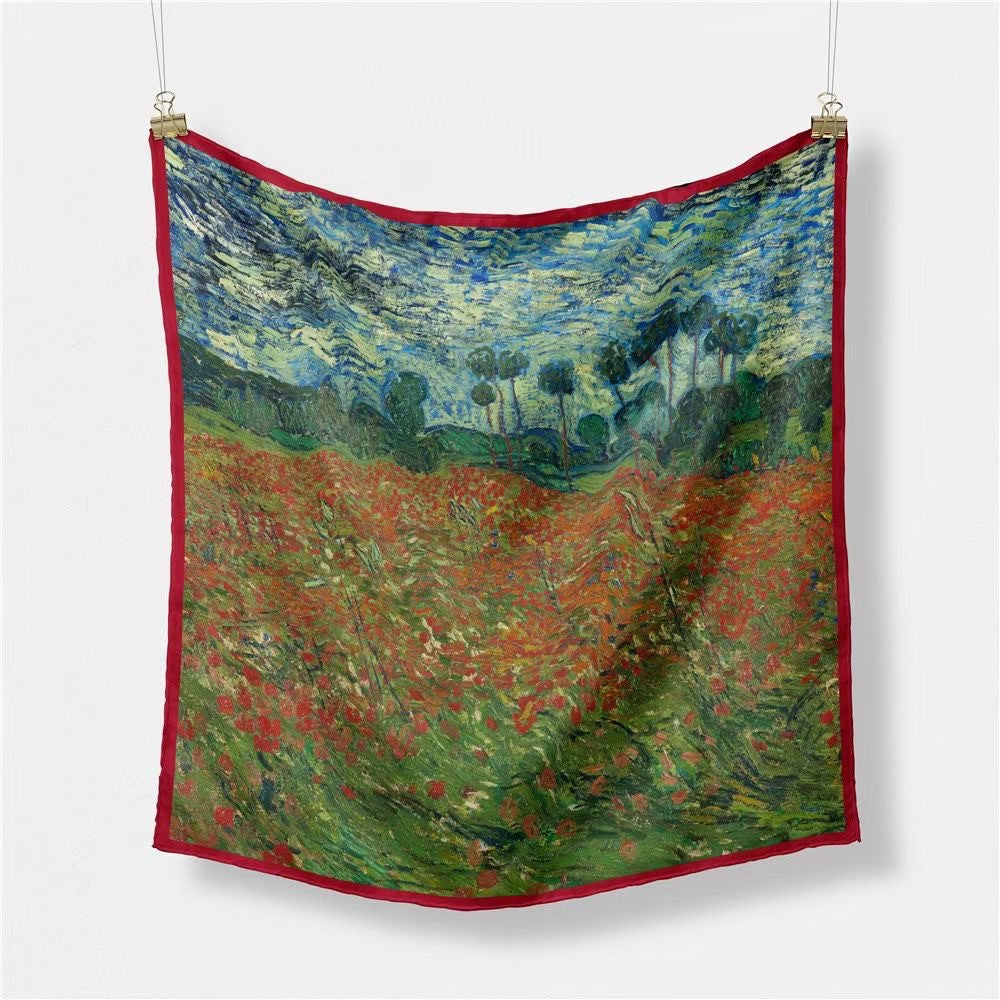 Fashion Van Gogh art oil painting 53cm small square scarf, twill silk imitation silk women's scarf, headband