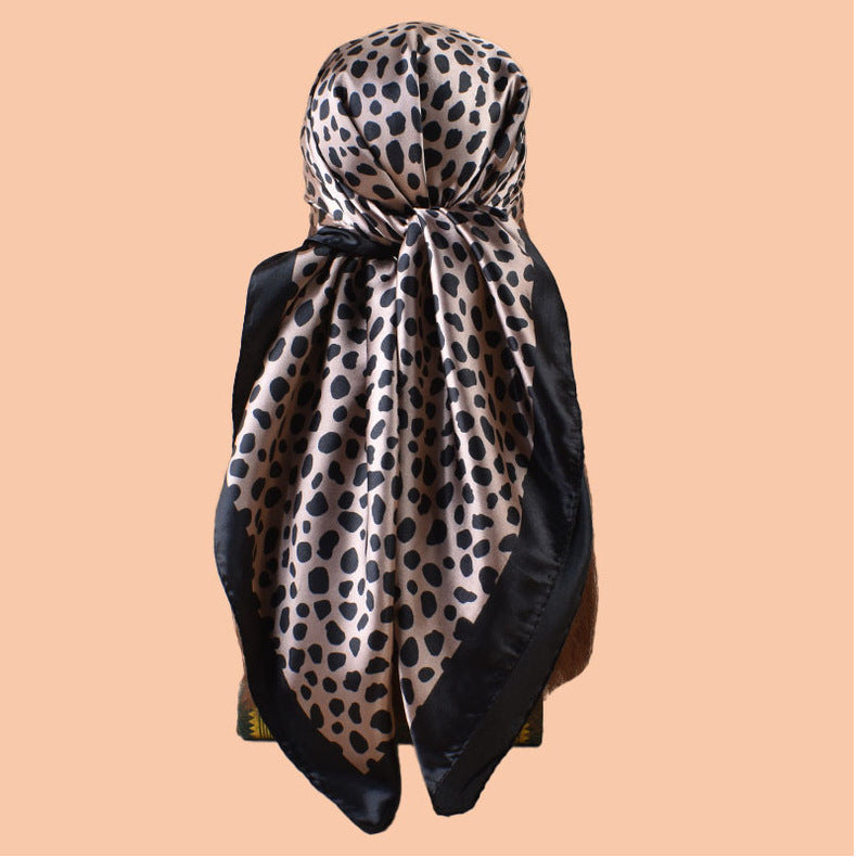 2025 new 90cm-satin classic leopard print square scarf with sunscreen, head silk scarf decorative scarf