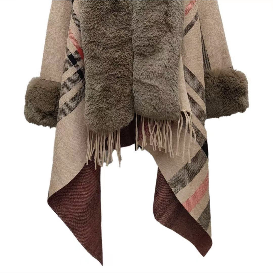 8325 #autumn and winter new irregular large fur collar plaid fringed shawl jacket medium and long knitted cardigan