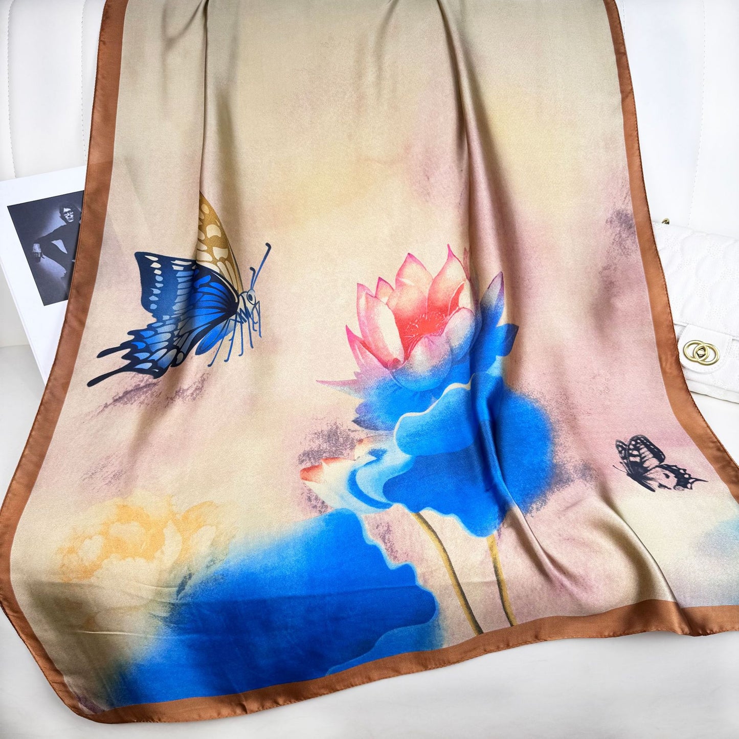 Literary retro flower beautiful brocade long silk scarf, elegant temperament mother lady decorative shawl scarf