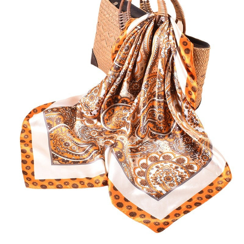 Spring and summer decorative versatile scarf fashion cashew flower printed silk scarf high-quality satin 90cm satin square scarf