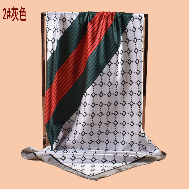 2025 new 90cm-satin geometric line plaid printing square scarf with sunscreen, bag head silk scarf decoration, scarf