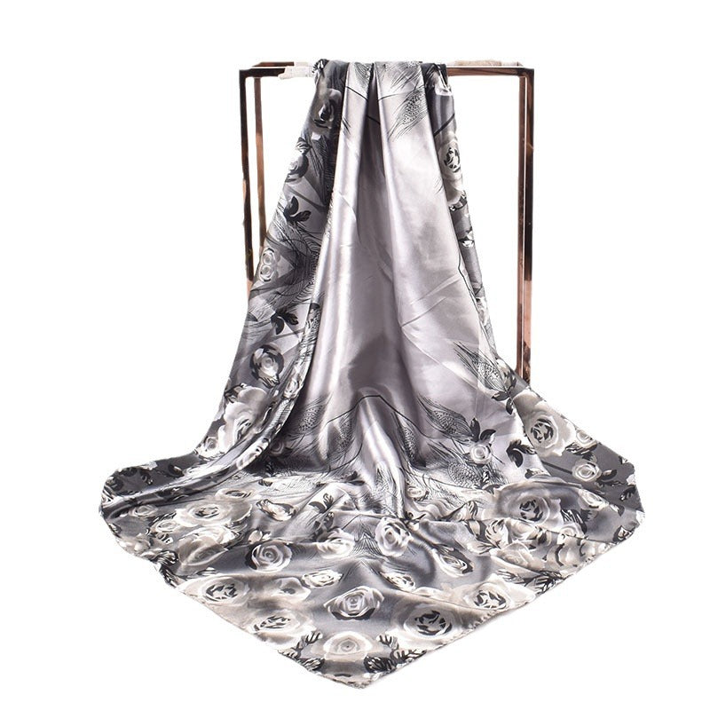 Autumn and winter new 90 high-end rose square scarf versatile retro printing women's 90-color diced imitation silk