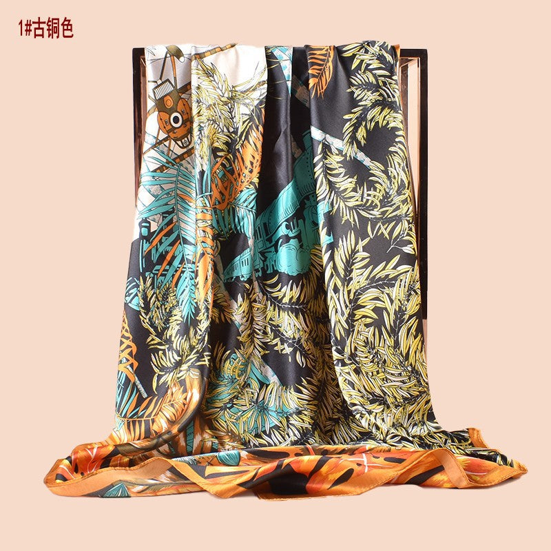 Spring and summer scarf fashionable versatile pastoral plant printing decorative headscarf silk scarf 90cm high-quality satin square scarf