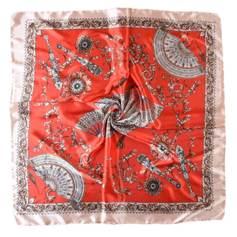 2025 new 90cm-satin classical national style fan printed square scarf with sunscreen, bag head silk scarf decoration, scarf