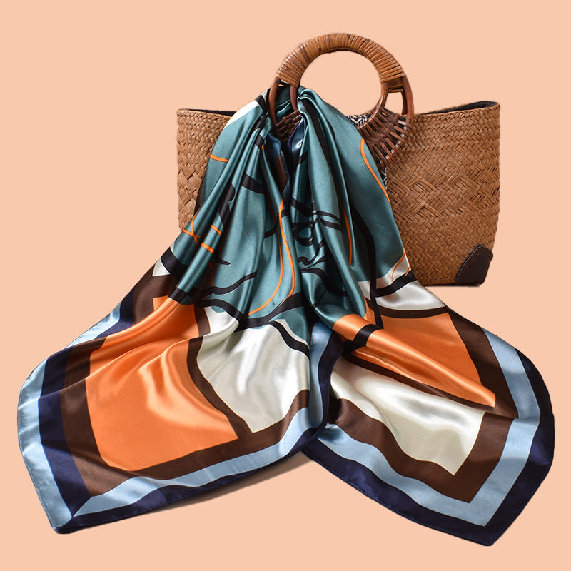 Spring and summer geometric sketch rose print versatile decorative scarf headscarf silk scarf 90cm high-quality satin square scarf