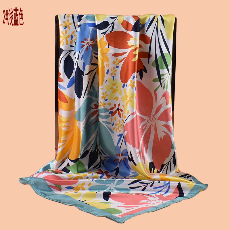 2025 new 90cm-satin cartoon flower versatile printed square scarf with sunscreen, bag head silk scarf decoration, scarf