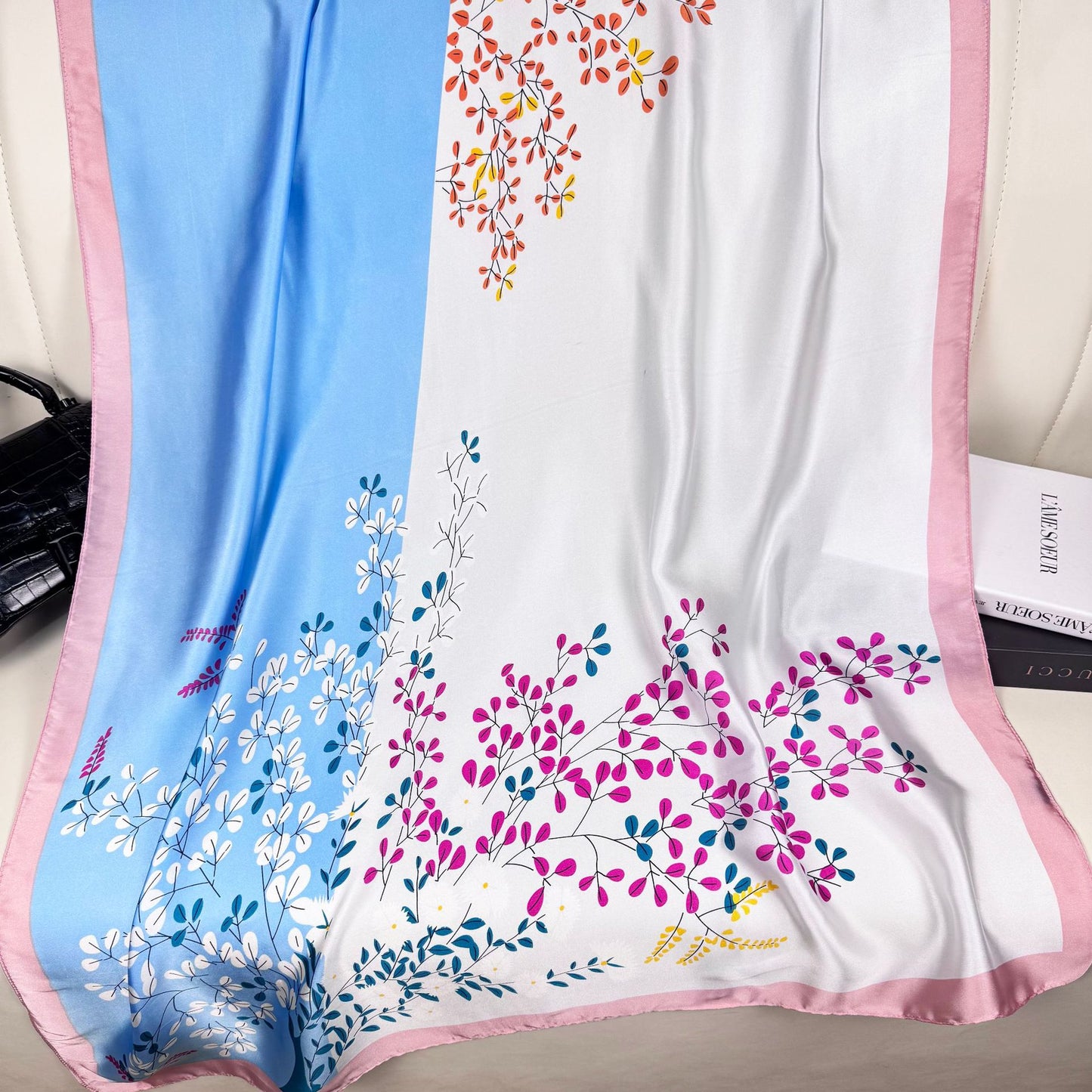 Korean version of simple and versatile geometric color matching plants and flowers long silk scarves, simple and elegant ethnic women with thin shawls