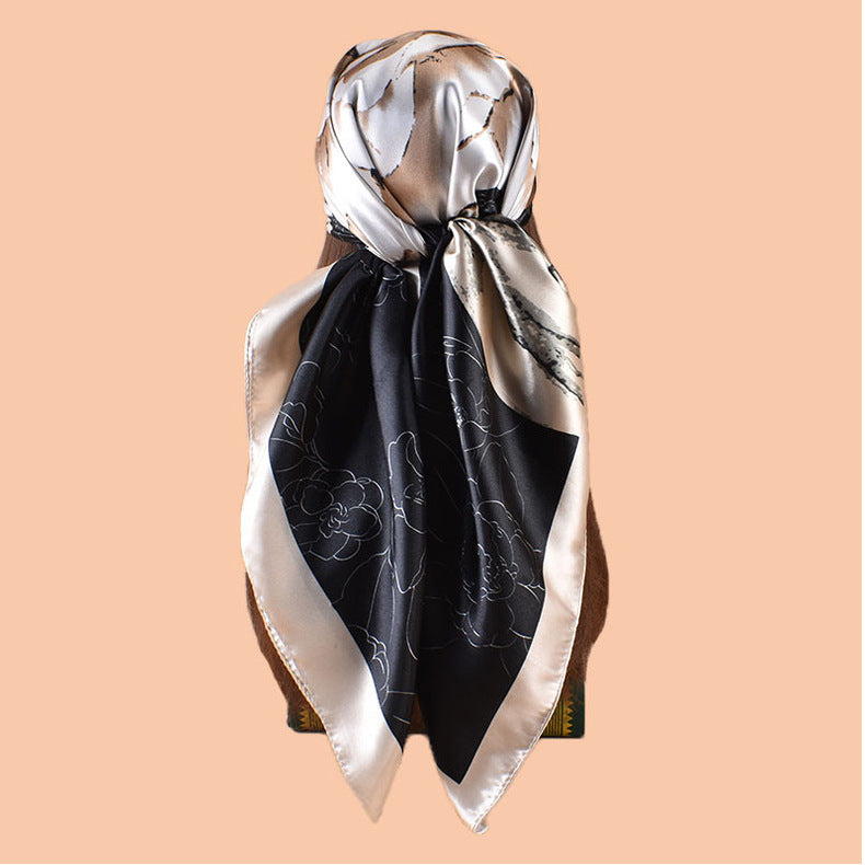 2025 new 90cm-color bud plain and elegant camellia printed square scarf with sunscreen bag head silk scarf decorative scarf