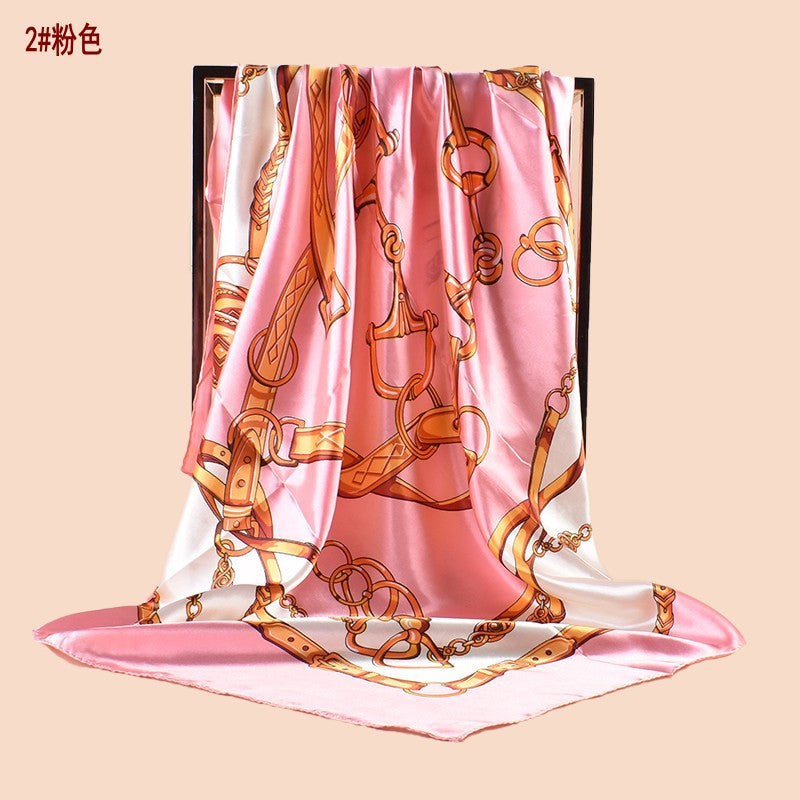 Spring new fashionable versatile large shawl simulation silk chain printed silk scarf head scarf 90cm-color square scarf