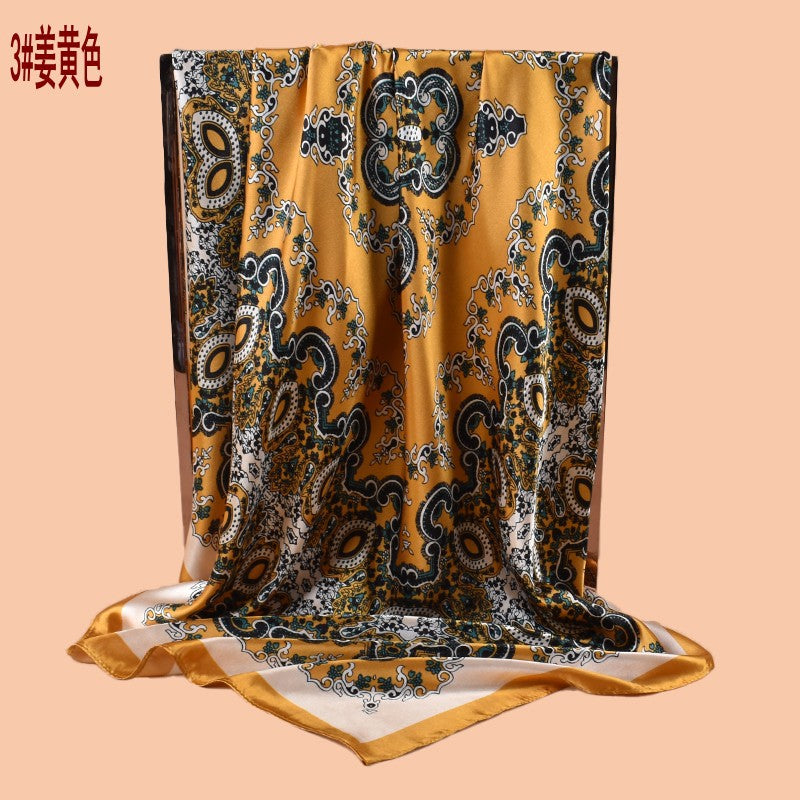 2025 new 90cm-satin ethnic style geometric printing square scarf with sunscreen bag head silk scarf decorative scarf
