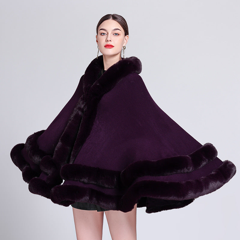 Autumn and Winter New Large Size Imitation Fox Fur Collar Fur Hooded Knitted Cardigan Shawl Cape Jacket