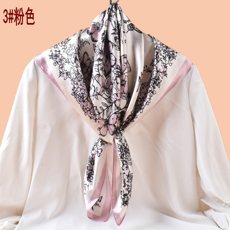 Spring and summer scarf butterfly flying printing versatile decorative scarf headscarf silk scarf 90cm high-quality satin square scarf