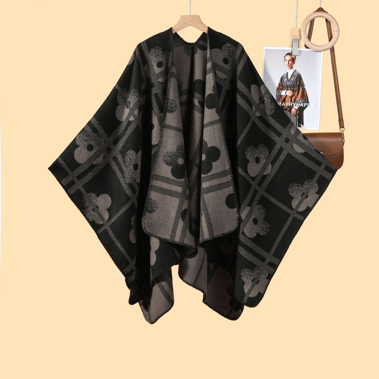 Autumn and winter new plaid plum blossom thickened warm shawl cape women's European and American street fashion catwalk outside cardigan