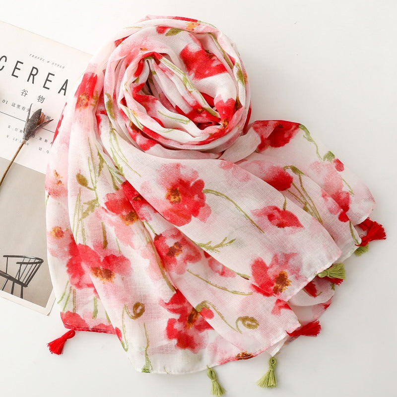 Scarf Bali yarn silk scarf small fresh lady sweet idyllic pink red flower tassel travel shawl woman