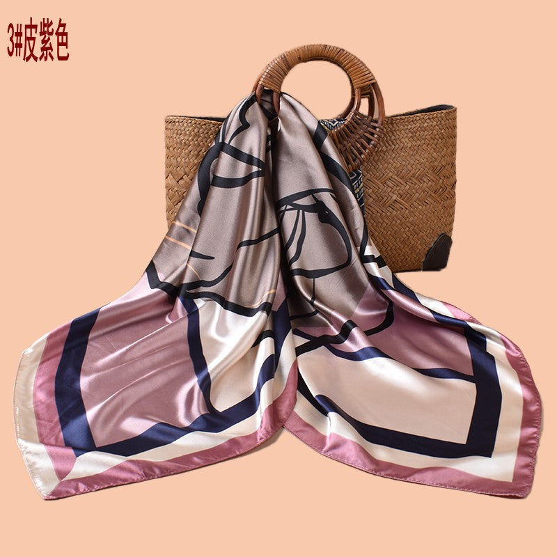 Spring and summer geometric sketch rose print versatile decorative scarf headscarf silk scarf 90cm high-quality satin square scarf