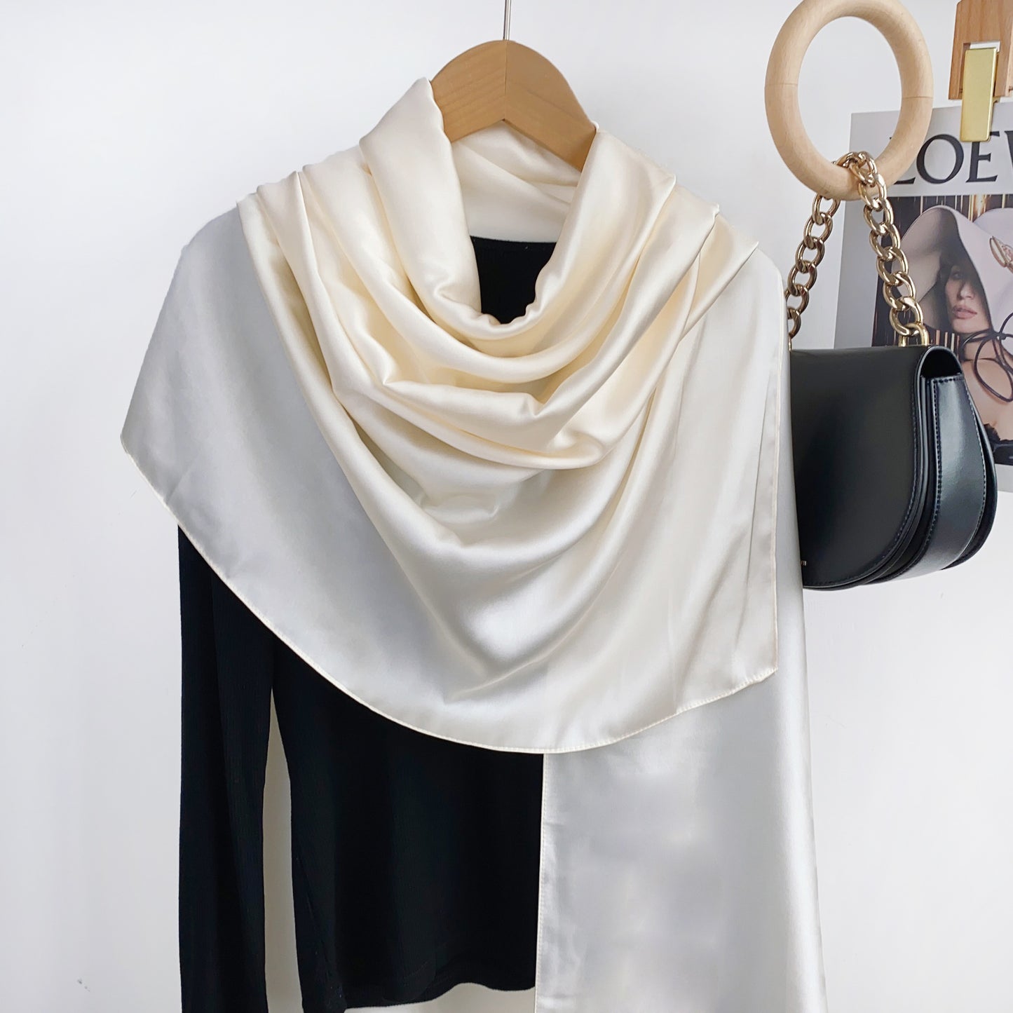 Simple and versatile monochrome solid color new silk satin long silk scarf headscarf, elegant temperament women's vacation shawl