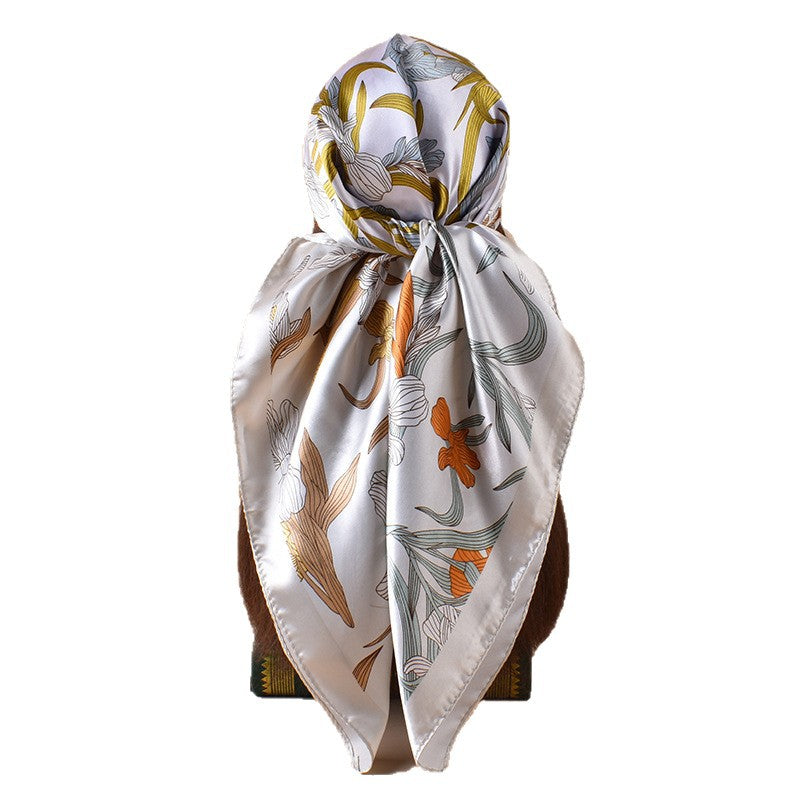 2025 new 90-satin plain and elegant orchid versatile printed square scarf with sunscreen, bag head silk scarf decoration, scarf
