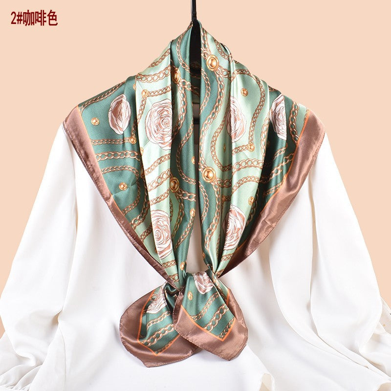 Spring and summer scarf chain flower printing versatile decorative scarf headscarf silk scarf 90 high-quality satin square scarf