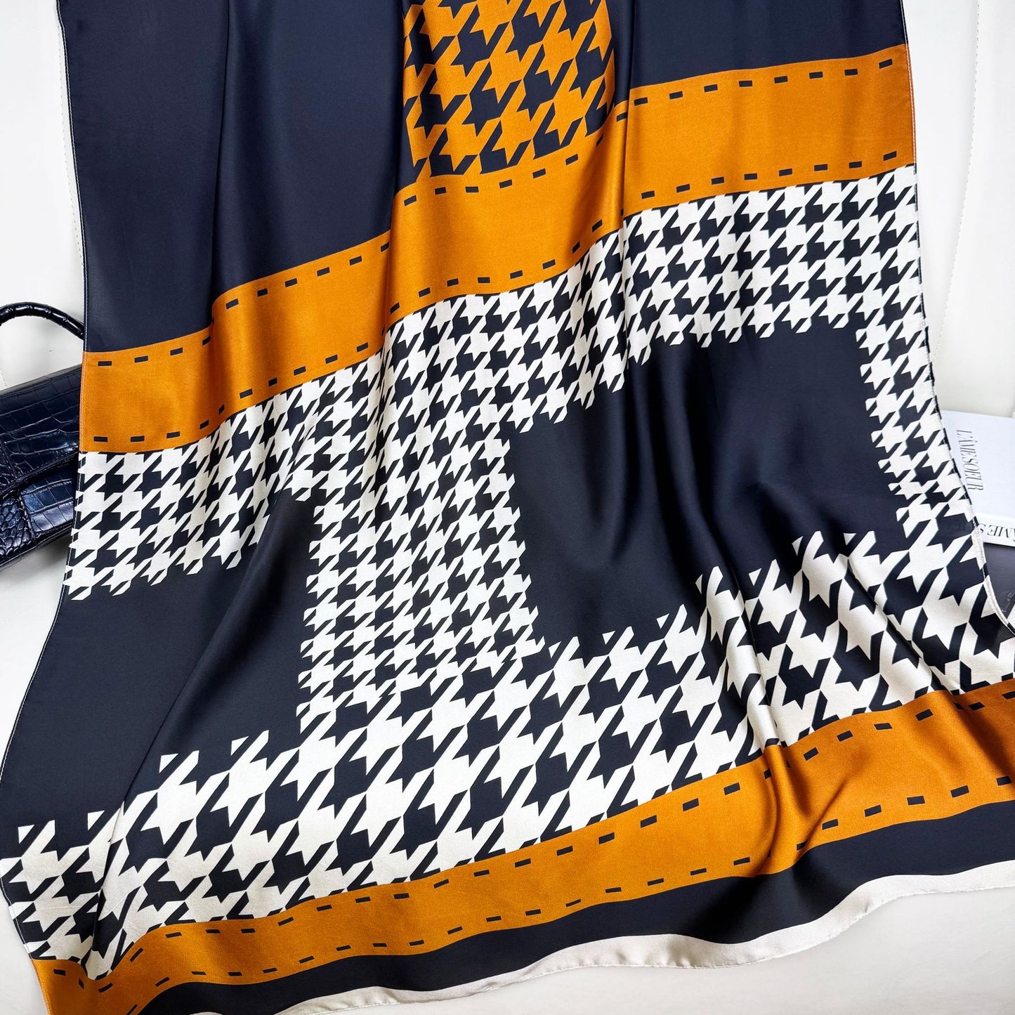 Simple and fashionable versatile thousand bird plaid simulation silk long silk scarf, ethnic headscarf women, outer shawl