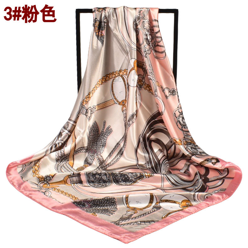 Spring new retro chain rope flower 90 satin printing silk scarf