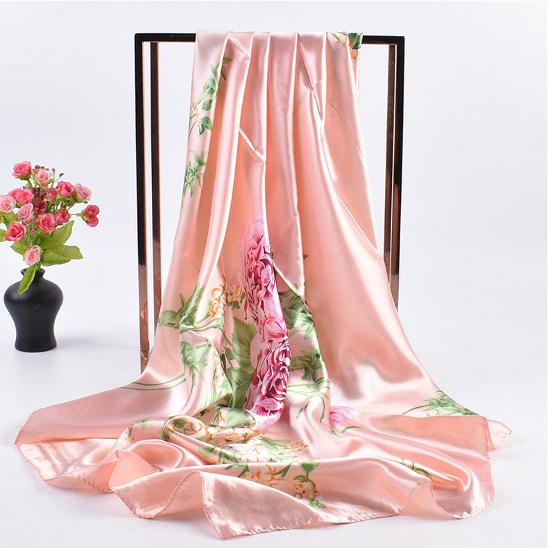 Summer new French elegant peony bouquet pattern 90 satin large square scarf headscarf scarf
