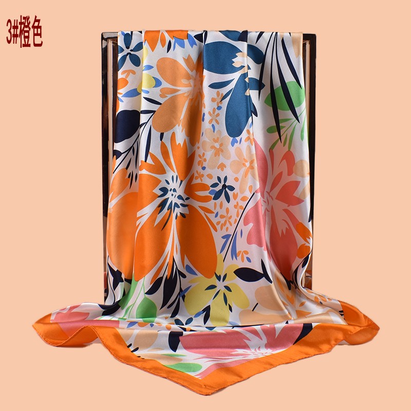 2025 new 90cm-satin cartoon flower versatile printed square scarf with sunscreen, bag head silk scarf decoration, scarf