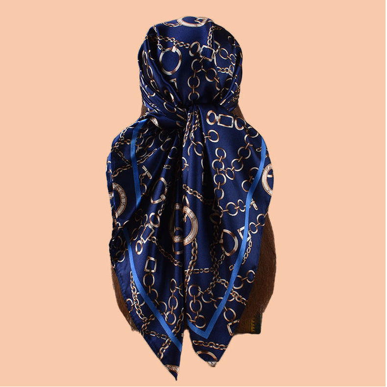 New 90-satin retro round chain printed square scarf with sunscreen bag head silk scarf decorative scarf