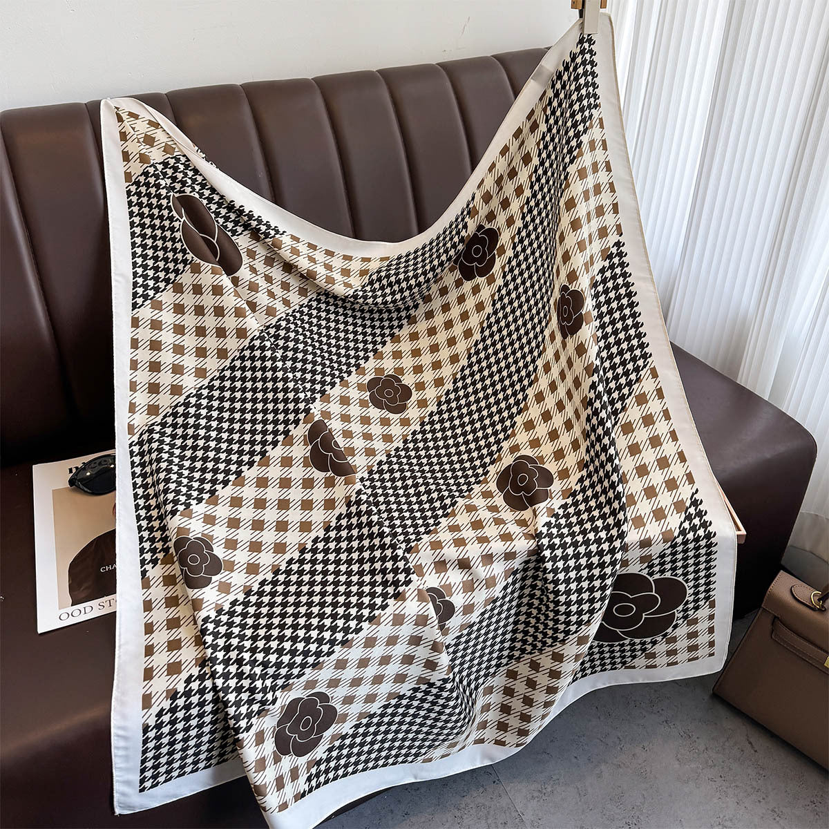 New Korean version plaid printing light luxury large square scarf spring and summer sunscreen silk scarf air conditioner warm shawl women