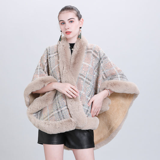 Autumn and winter new sequined knitted shawl fur collar jacket piled and thickened versatile plaid cape shawl Q0999 #