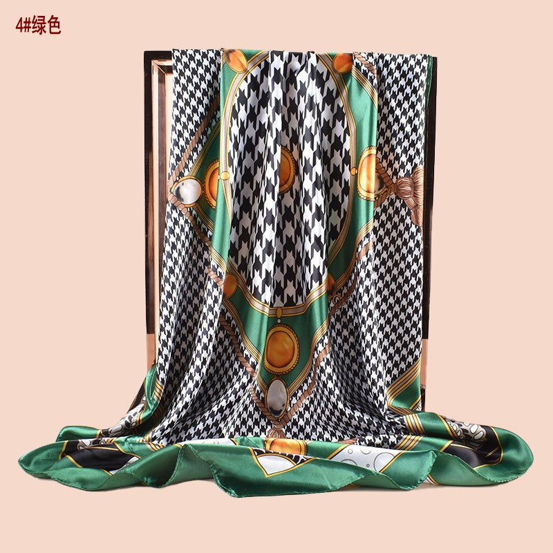 Spring new large shawl simulation silk thousand bird grid printing silk scarf head scarf 90-color diced large square scarf