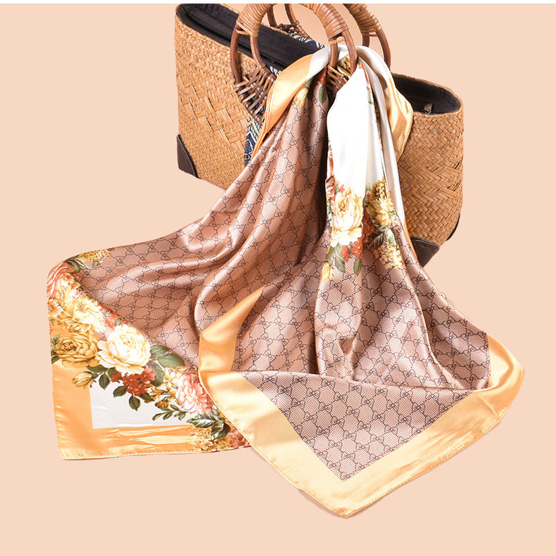 Spring and summer scarf temperament floral printing versatile decorative scarf headscarf silk scarf 90 high-quality satin square scarf