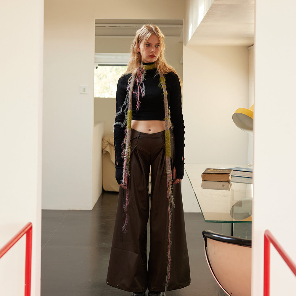 Niche broken retro mixed color hanging beard bright silk scarf scarf female slender shape dark wind JK fringed scarf