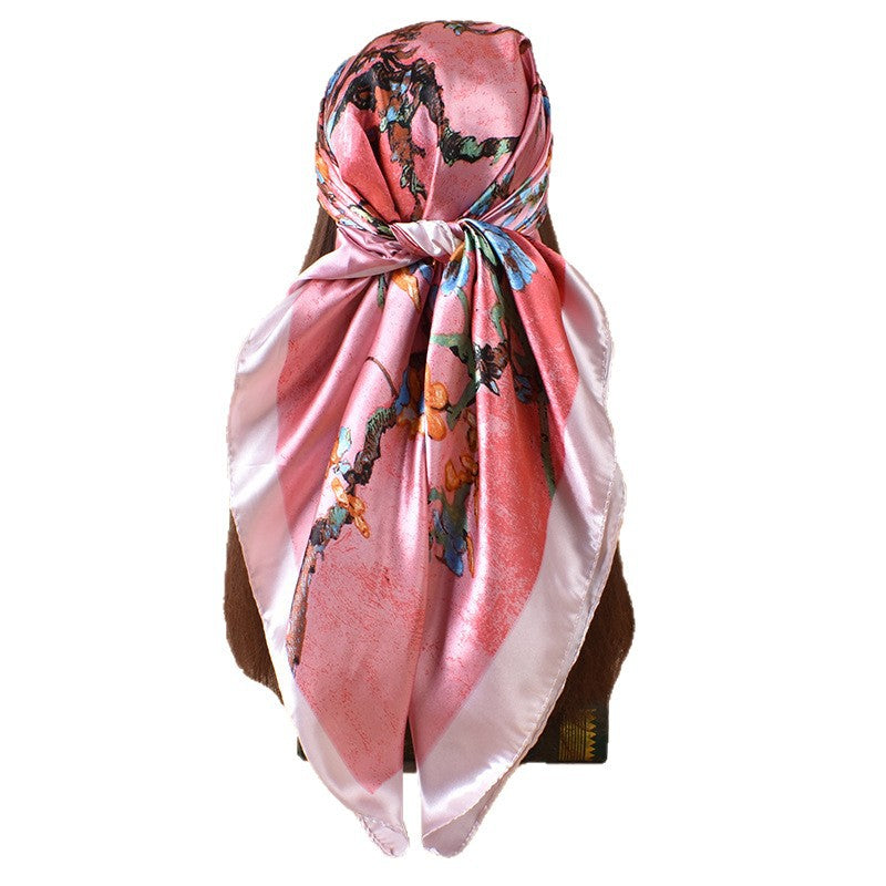 2025 new 90cm-color ink painting plum blossom printing square scarf with sunscreen, bag head silk scarf decoration, scarf