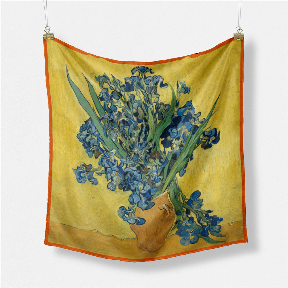 Fashion Van Gogh art oil painting 53cm small square scarf, twill silk imitation silk women's scarf, headband