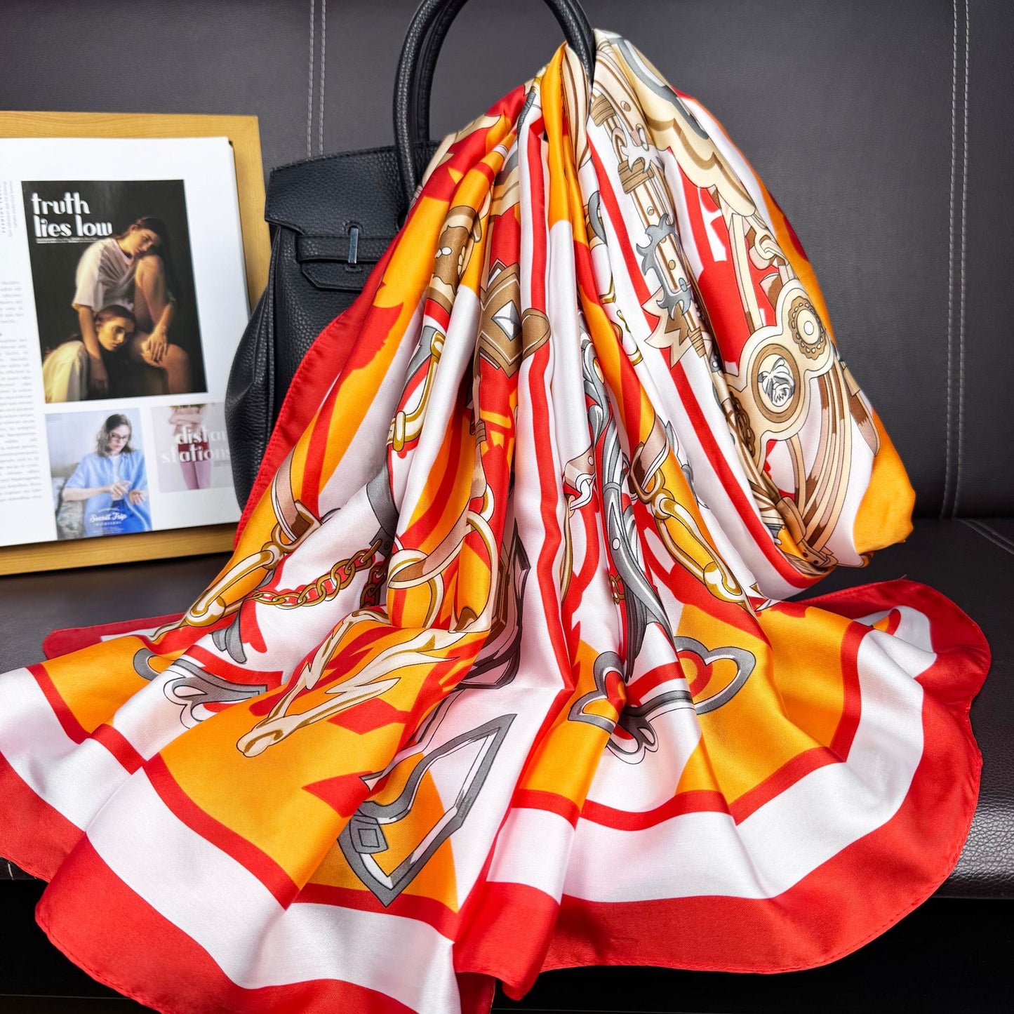 European and American fashion totem chain printed long silk scarf, elegant temperament women's vacation sunscreen thin shawl scarf