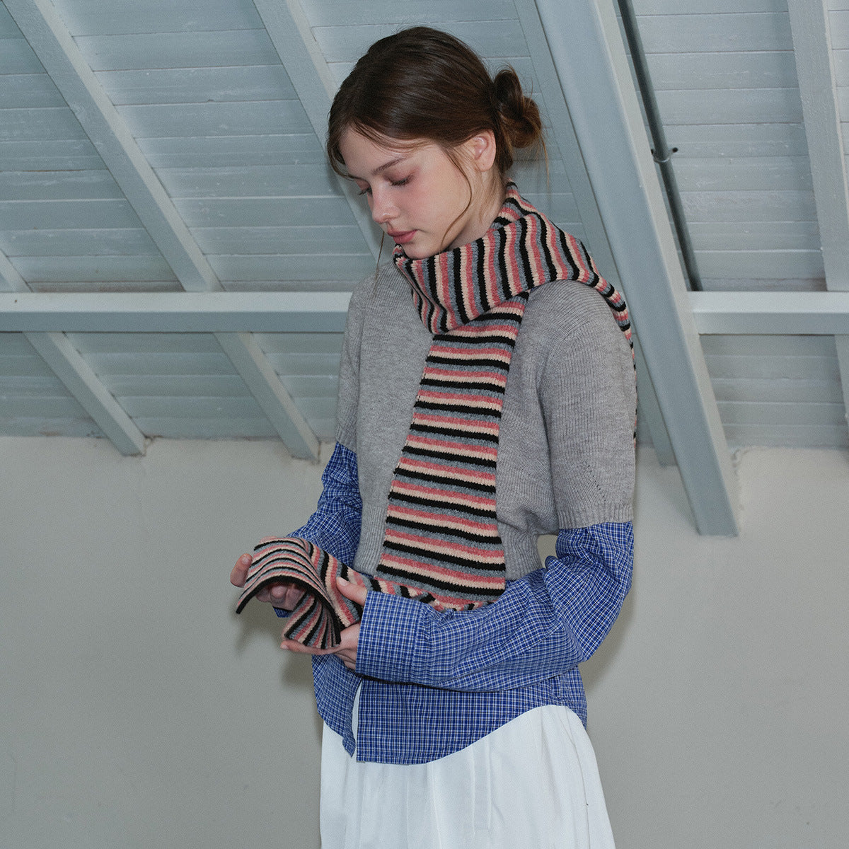 Wool blended contrasting striped knitted scarf women's autumn and winter Korean atmosphere soft wool scarf
