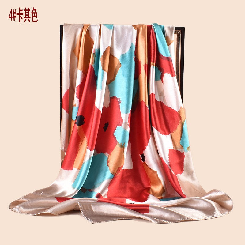Spring new fashionable versatile large shawl simulation silk color graffiti printing silk scarf head scarf 90cm-color diced square scarf