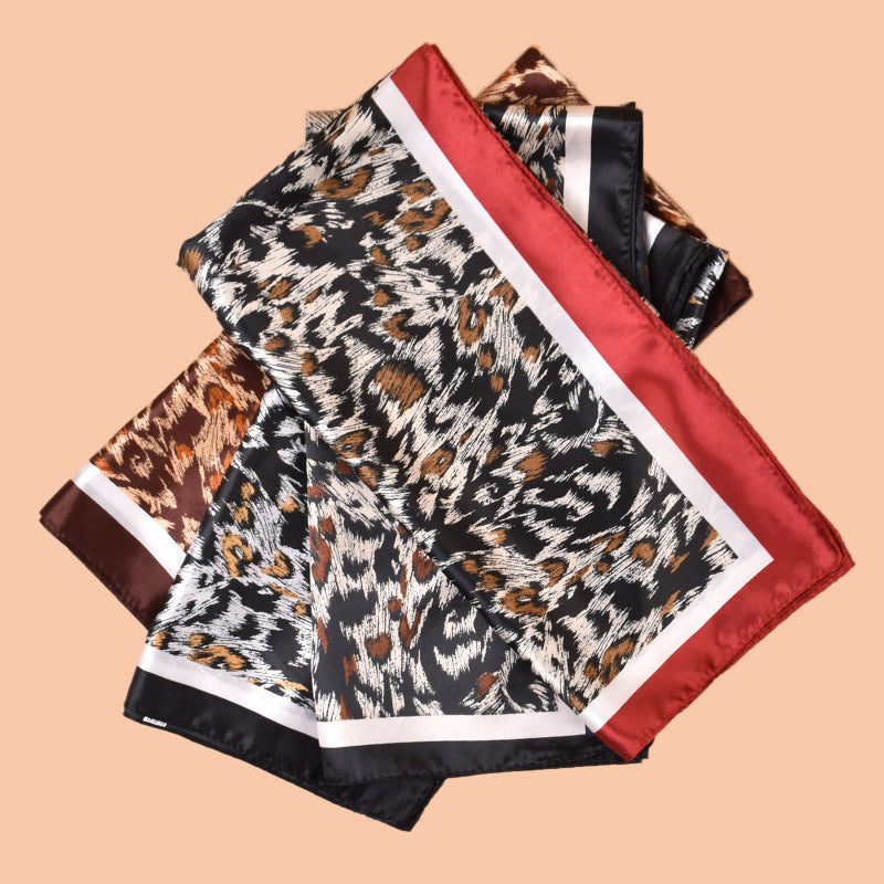 2025 new 90cm-satin sketch leopard print versatile printed square scarf with sunscreen, bag head silk scarf decoration, scarf