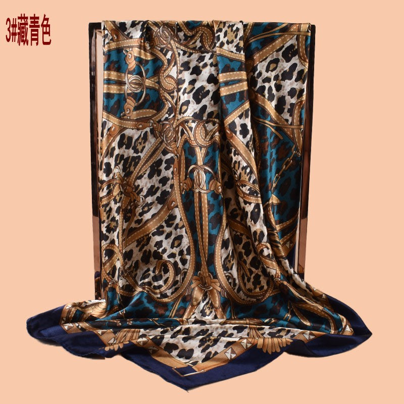 2025 new 90cm-color diced leopard print belt chain printed square scarf with sunscreen, bag head silk scarf decoration, scarf