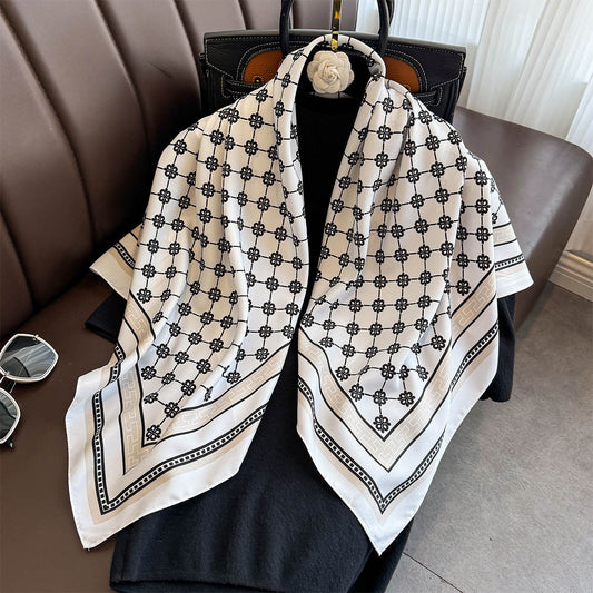 Fashion light luxury 90 twill silk scarf women's Japan and Korea simple striped large square scarf ins style multi-functional shawl scarf