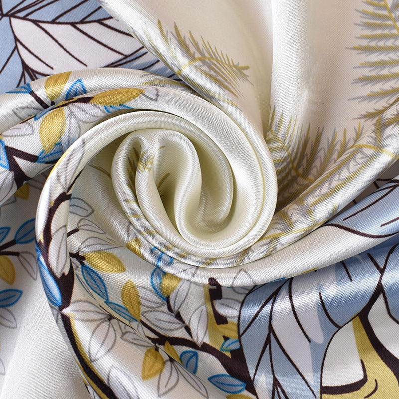 2025 new 90cm satin branches and leaves printed square scarf with sunscreen, bag head silk scarf decoration, scarf