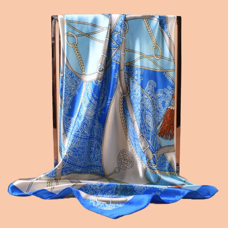 2025 new 90cm-satin belt tassel printed square scarf with sunscreen, head silk scarf decorative scarf